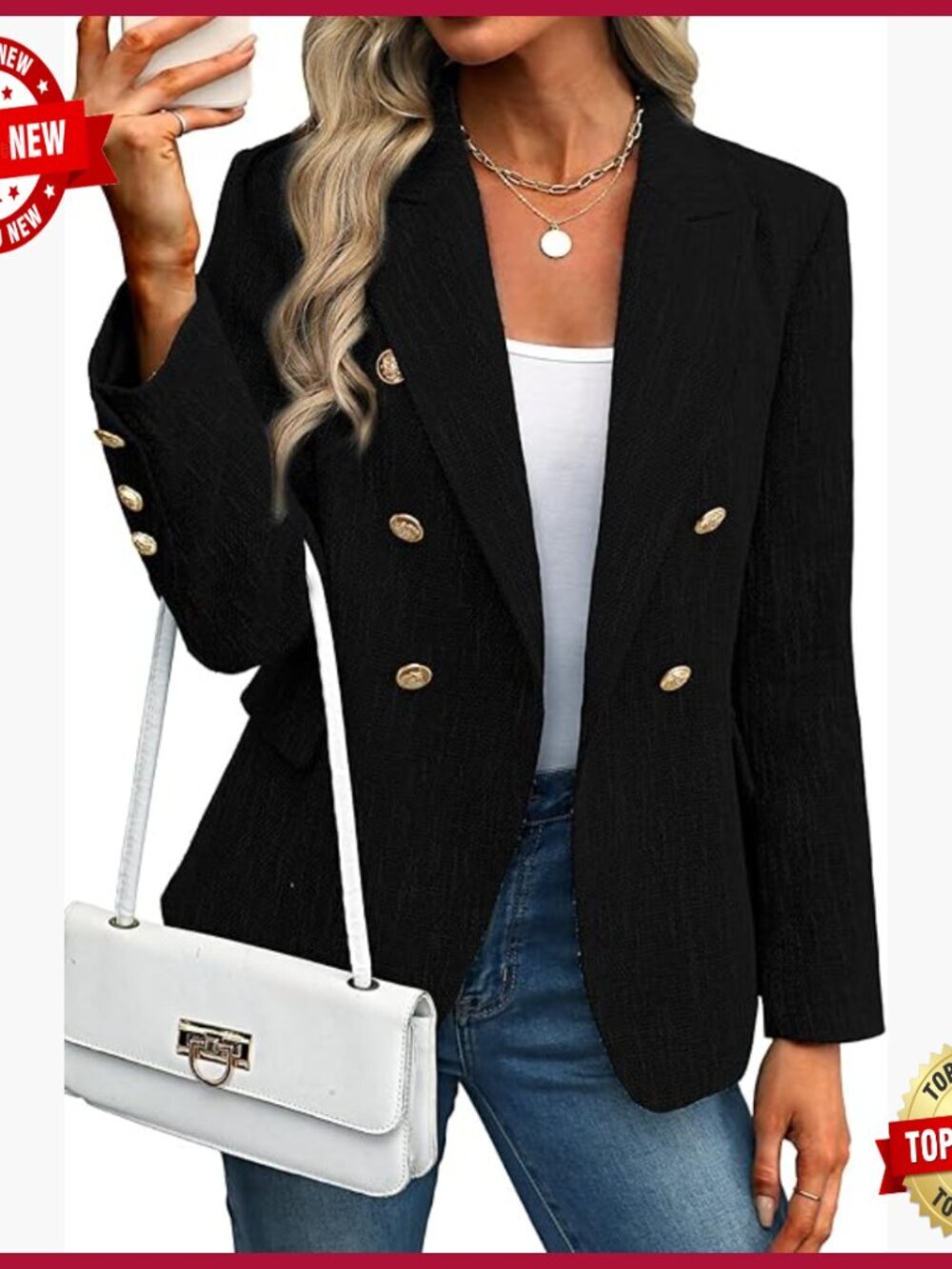 Tweed Blazer Double Breasted Business Casual Jacket Long Sleeve